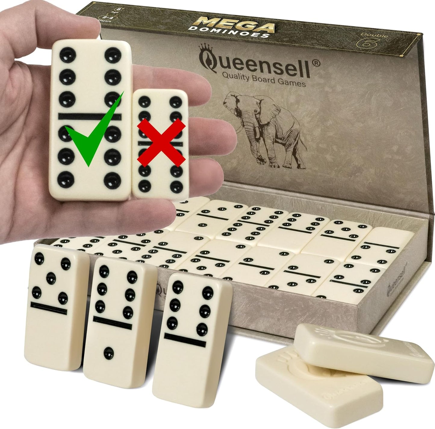 Queensell Dominos Set for Adults with 4 Domino Racks - Double 6 Dominoes Set with Domino Holder, Classic Board Games for Kids and Adults - Double Six Standard Dominos Set 28 Tiles with Travel Case